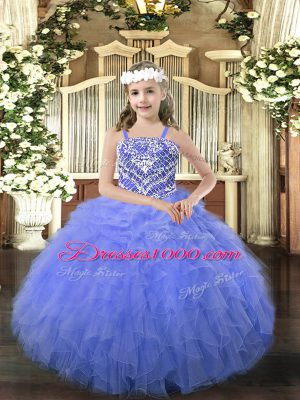 Blue Ball Gowns Organza Straps Sleeveless Beading and Ruffles Floor Length Lace Up Party Dress