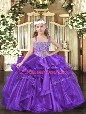 Ball Gowns Kids Formal Wear Purple Straps Organza Sleeveless Floor Length Lace Up