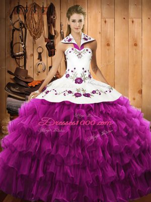 Embroidery and Ruffled Layers Quinceanera Gown Fuchsia Lace Up Sleeveless Floor Length