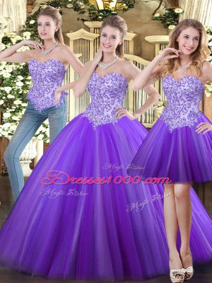 Deluxe Eggplant Purple Sweetheart Neckline Beading Ball Gown Prom Dress Sleeveless Lace Up