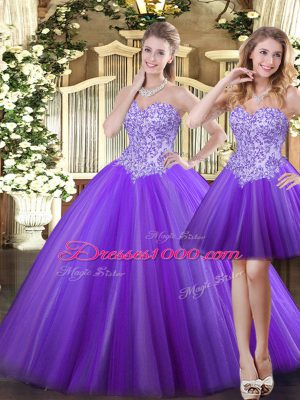 Deluxe Eggplant Purple Sweetheart Neckline Beading Ball Gown Prom Dress Sleeveless Lace Up
