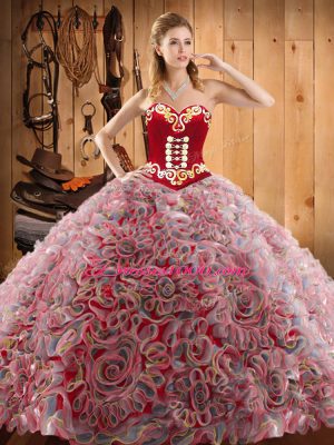 Hot Selling Multi-color Lace Up Sweetheart Embroidery Quinceanera Dress Satin and Fabric With Rolling Flowers Sleeveless Sweep Train
