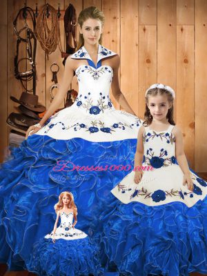 Blue Tulle Lace Up Quince Ball Gowns Sleeveless Floor Length Embroidery and Ruffles