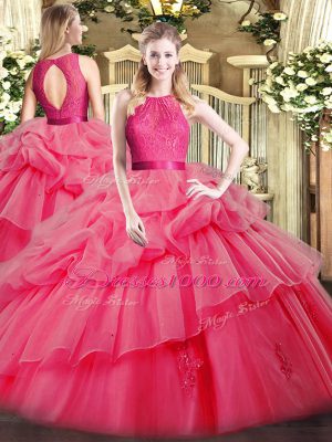 Hot Selling Coral Red Ball Gowns Lace and Ruffled Layers Quinceanera Gowns Zipper Organza Sleeveless Floor Length