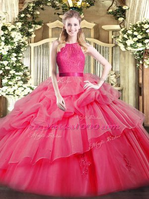 Hot Selling Coral Red Ball Gowns Lace and Ruffled Layers Quinceanera Gowns Zipper Organza Sleeveless Floor Length