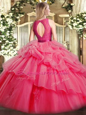 Hot Selling Coral Red Ball Gowns Lace and Ruffled Layers Quinceanera Gowns Zipper Organza Sleeveless Floor Length