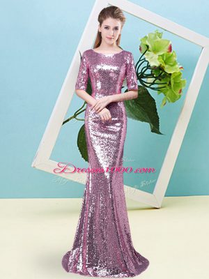 Fashionable Fuchsia Half Sleeves Sequined Zipper Homecoming Dress for Prom and Party