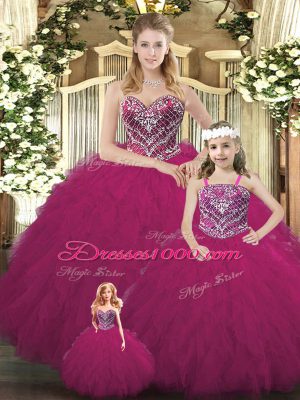 Captivating Floor Length Lace Up Sweet 16 Dresses Fuchsia for Military Ball and Sweet 16 and Quinceanera with Beading and Ruffles