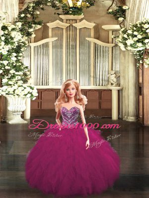 Captivating Floor Length Lace Up Sweet 16 Dresses Fuchsia for Military Ball and Sweet 16 and Quinceanera with Beading and Ruffles