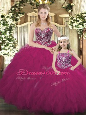 Captivating Floor Length Lace Up Sweet 16 Dresses Fuchsia for Military Ball and Sweet 16 and Quinceanera with Beading and Ruffles