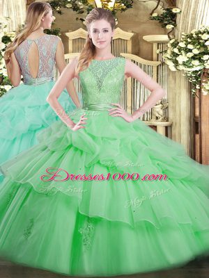 Eye-catching Floor Length Apple Green Quinceanera Dresses Tulle Sleeveless Beading and Ruffled Layers