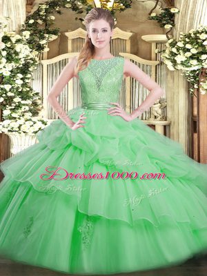 Eye-catching Floor Length Apple Green Quinceanera Dresses Tulle Sleeveless Beading and Ruffled Layers