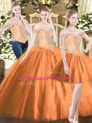 Off The Shoulder Sleeveless 15 Quinceanera Dress Floor Length Beading Orange Red Tulle