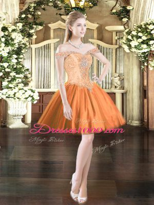 Off The Shoulder Sleeveless 15 Quinceanera Dress Floor Length Beading Orange Red Tulle