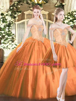 Off The Shoulder Sleeveless 15 Quinceanera Dress Floor Length Beading Orange Red Tulle
