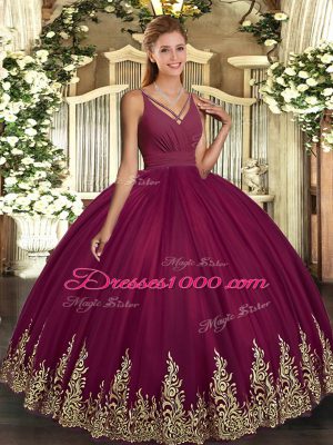 Floor Length Burgundy 15th Birthday Dress V-neck Sleeveless Backless