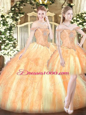 Sumptuous Gold Sweet 16 Dresses Military Ball and Sweet 16 and Quinceanera with Ruffles Off The Shoulder Sleeveless Lace Up