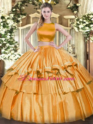 Sweet High-neck Sleeveless Criss Cross 15 Quinceanera Dress Orange Tulle