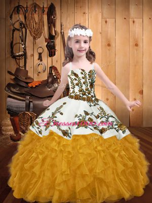 Exquisite Floor Length Ball Gowns Sleeveless Gold Girls Pageant Dresses Lace Up