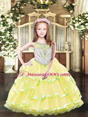 Charming Yellow Scoop Neckline Beading and Ruffled Layers Little Girl Pageant Gowns Sleeveless Zipper