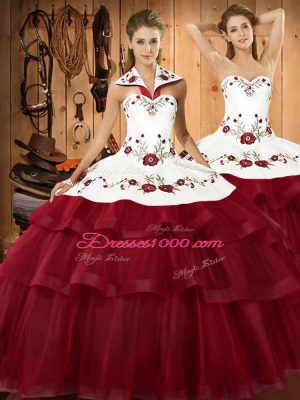 White And Red Ball Gowns Halter Top Sleeveless Organza Sweep Train Lace Up Embroidery and Ruffled Layers Quinceanera Gown