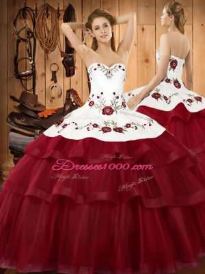 White And Red Ball Gowns Halter Top Sleeveless Organza Sweep Train Lace Up Embroidery and Ruffled Layers Quinceanera Gown