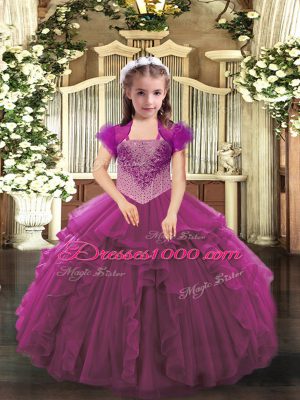 Super Floor Length Fuchsia Party Dress for Girls Straps Sleeveless Lace Up