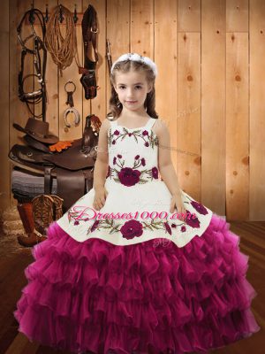 Gorgeous Fuchsia Sleeveless Floor Length Embroidery and Ruffled Layers Lace Up Pageant Dress Womens