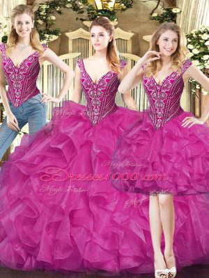 Custom Made Organza Sleeveless Floor Length Quinceanera Gown and Beading and Ruffles