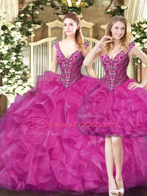 Custom Made Organza Sleeveless Floor Length Quinceanera Gown and Beading and Ruffles