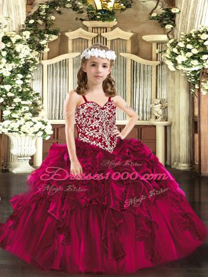 Floor Length Fuchsia Little Girl Pageant Dress Organza Sleeveless Beading and Ruffles