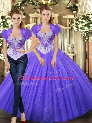 Graceful Sleeveless Floor Length Beading Lace Up Quinceanera Dresses with Purple