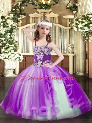 Purple Sleeveless Floor Length Appliques Lace Up Little Girl Pageant Gowns