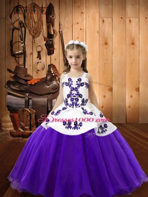 Custom Designed Floor Length Lace Up Glitz Pageant Dress Purple for Sweet 16 and Quinceanera with Embroidery