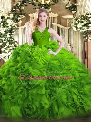 Fabric With Rolling Flowers Zipper V-neck Sleeveless Floor Length Ball Gown Prom Dress Ruffles