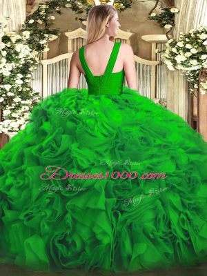 Fabric With Rolling Flowers Zipper V-neck Sleeveless Floor Length Ball Gown Prom Dress Ruffles