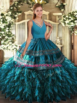 Sophisticated Floor Length Backless Quince Ball Gowns Blue for Military Ball and Sweet 16 and Quinceanera with Ruffles