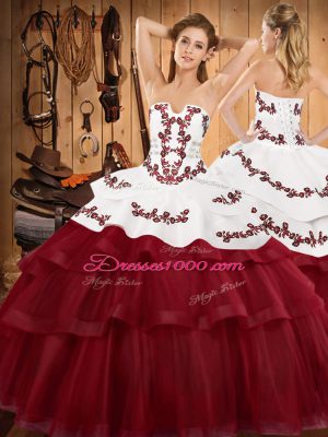 Burgundy Two Pieces Embroidery and Ruffled Layers Quinceanera Gown Lace Up Satin and Organza Sleeveless With Train