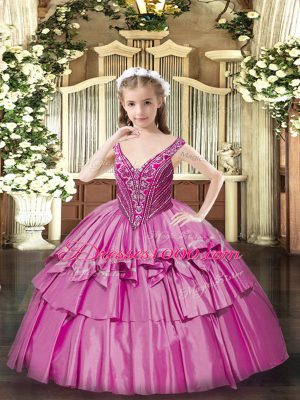 Customized V-neck Sleeveless Lace Up Kids Formal Wear Fuchsia Organza