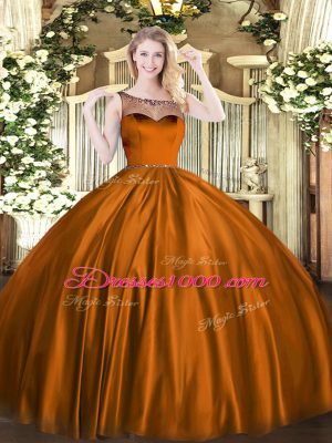 Scoop Sleeveless Zipper Ball Gown Prom Dress Brown Satin