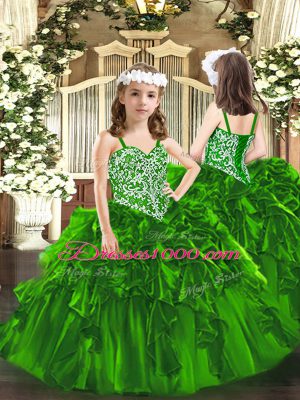 Lovely Beading and Ruffles Child Pageant Dress Green Lace Up Sleeveless Floor Length