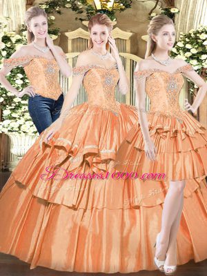 Sweet Three Pieces Sweet 16 Quinceanera Dress Orange Red Off The Shoulder Organza Sleeveless Floor Length Lace Up