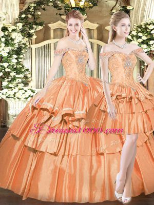 Sweet Three Pieces Sweet 16 Quinceanera Dress Orange Red Off The Shoulder Organza Sleeveless Floor Length Lace Up