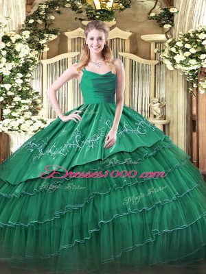 Most Popular Sleeveless Floor Length Embroidery and Ruffled Layers Zipper Sweet 16 Dress with Green