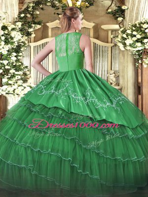 Most Popular Sleeveless Floor Length Embroidery and Ruffled Layers Zipper Sweet 16 Dress with Green