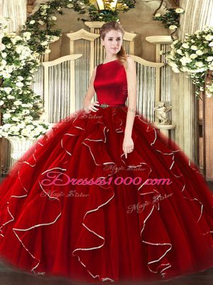 Wine Red Clasp Handle 15th Birthday Dress Ruffles Sleeveless Floor Length