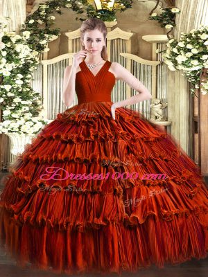 Rust Red Zipper 15th Birthday Dress Ruffled Layers Sleeveless Floor Length