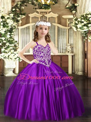 Sweet Purple Ball Gowns Beading Little Girls Pageant Dress Wholesale Lace Up Satin Sleeveless Floor Length