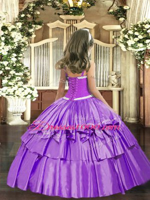 Organza Lace Up Straps Sleeveless Floor Length Little Girls Pageant Gowns Appliques and Ruffled Layers