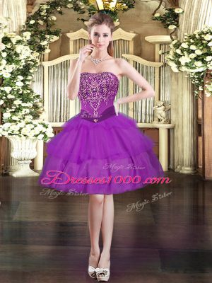 Fitting Sleeveless Organza Mini Length Lace Up in Purple with Beading and Ruffled Layers